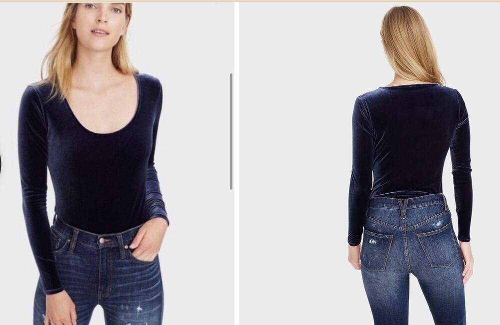 J. Crew Navy Blue Velvet Scoop Neck Long Sleeve Bodysuit J8697 One Piece XXS